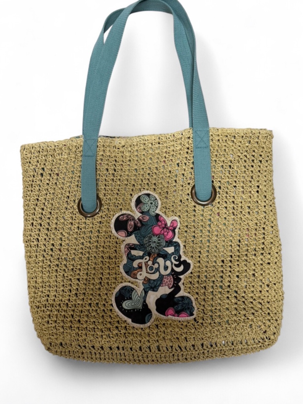 Disney Parks Straw Tote Bag Mickey Minnie Love Woven Beach Bag Teal Straps‎